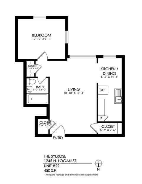 Floor plan for 1 bed, 1 bath, 500 sqft